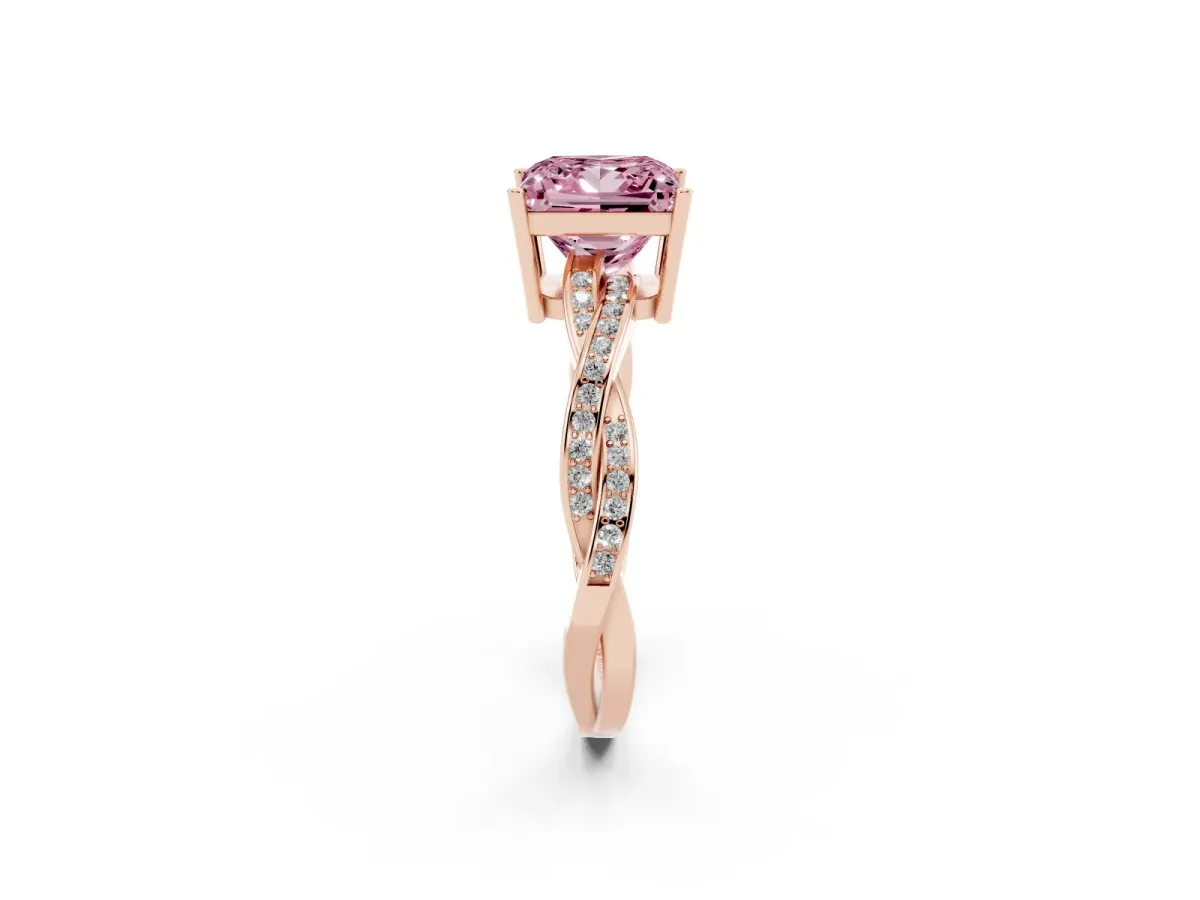 Fancy Pink Princess Cut Solitaire Twisted Pave Diamond Ring with Four-Prong Setting Rose gold