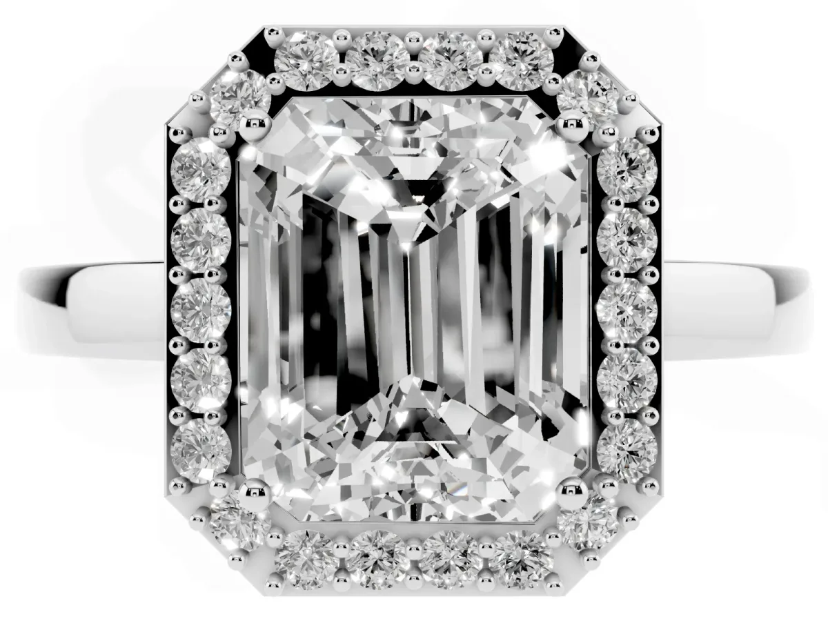 Radiant Cut Halo Diamond Ring with Solitaire Band and Prong Setting Silver