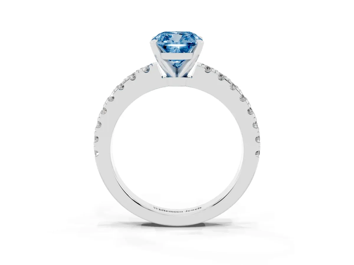 Fancy Blue Cushion Cut Solitaire Diamond with Pavé Band and Four-Prong Setting Silver