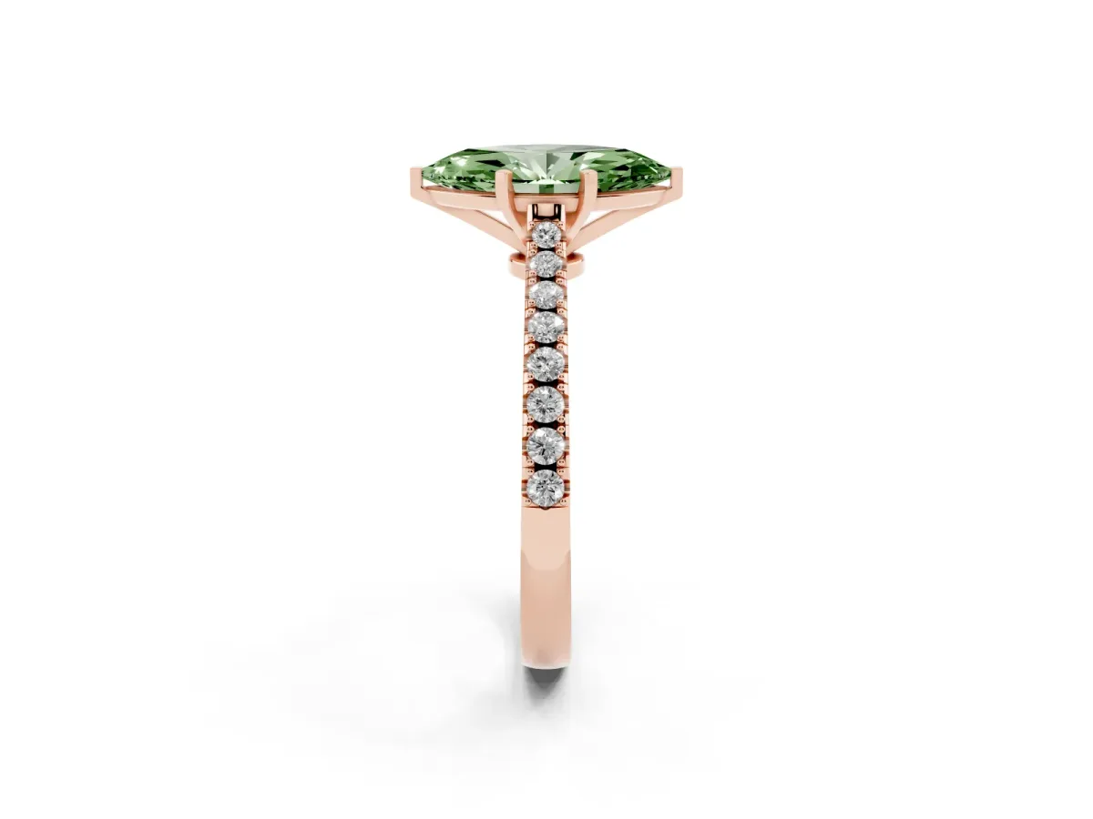 Fancy Green Marquise Cut Cut Solitaire Diamond Engagement Ring with Pave Band and Four-Prong Setting Rose gold