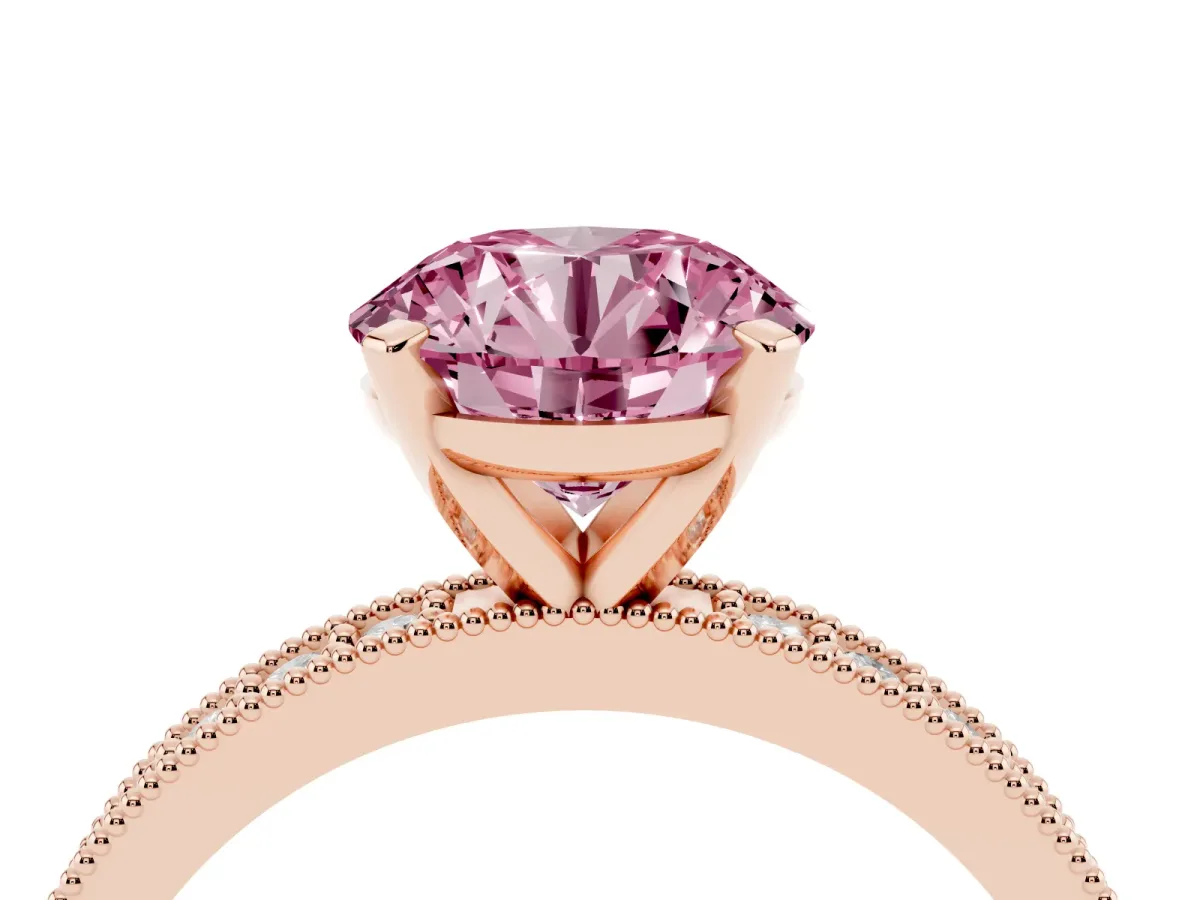 Fancy Pink Round Cut Diamond Milgrain Pavé Engagement Ring with Four-Prong Setting Rose gold