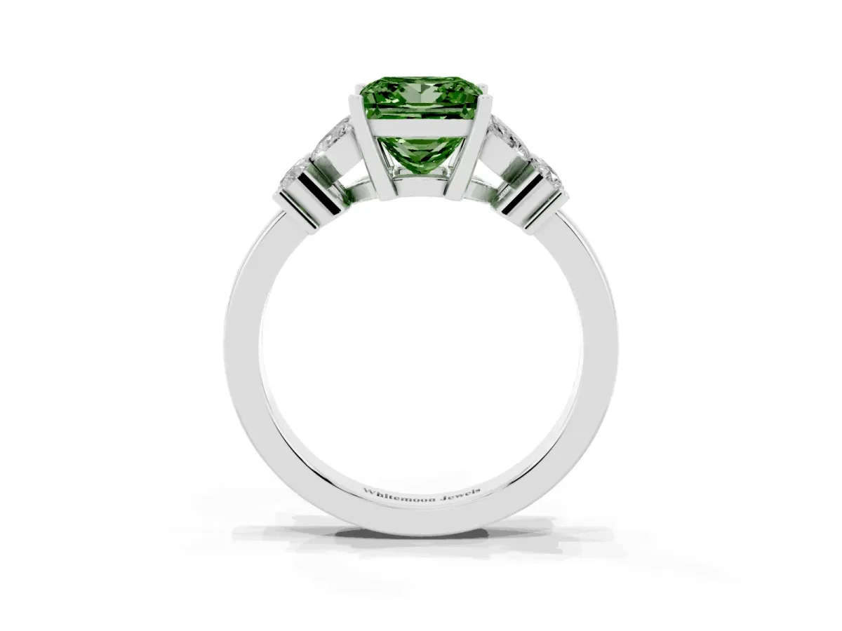 Fancy Green Princess Cut Diamond Floral Cluster Ring with Solitaire Band and Prong Setting Silver