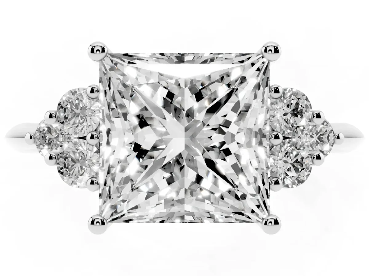 Princess Cut Cut Diamond Cluster Ring with Solitaire Band and Four-Prong Setting Silver