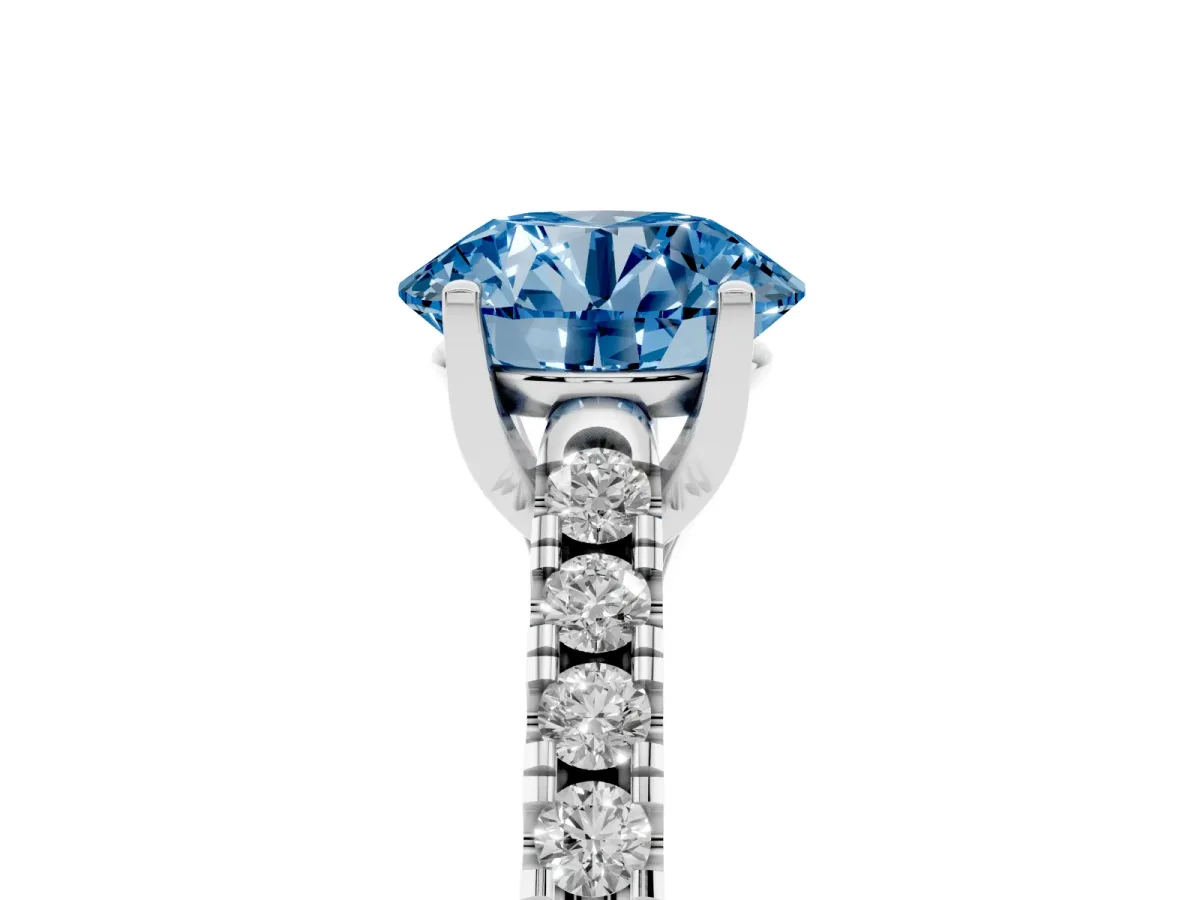 Fancy Blue Round Cut Diamond Pavé Band Solitaire Ring with Prong Setting Platinum