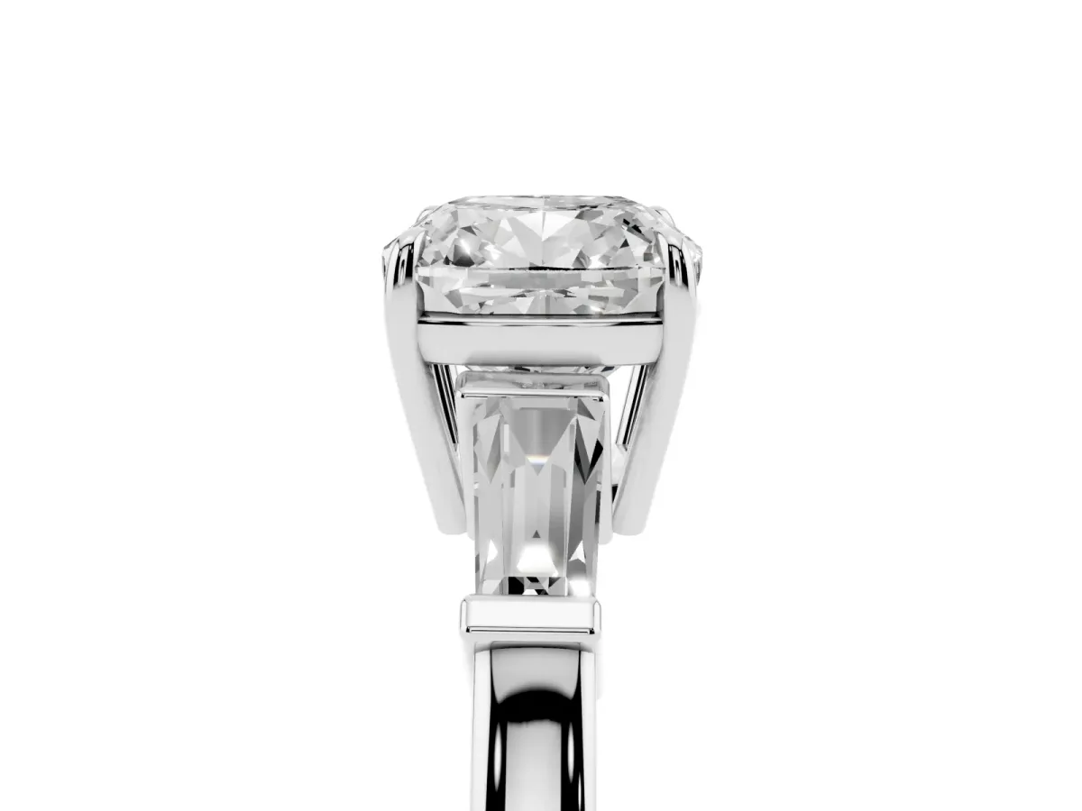 Cushion Cut Diamond Three-Stone Ring with Tapered Baguette Side Stones and Prong Setting White gold