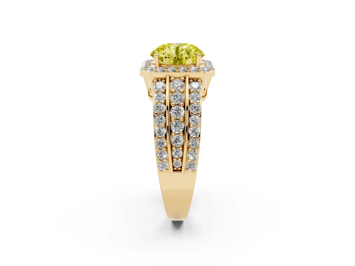 Fancy Yellow Round Cut Halo Diamond Ring with Round Split Shank and Prong Setting Yellow gold