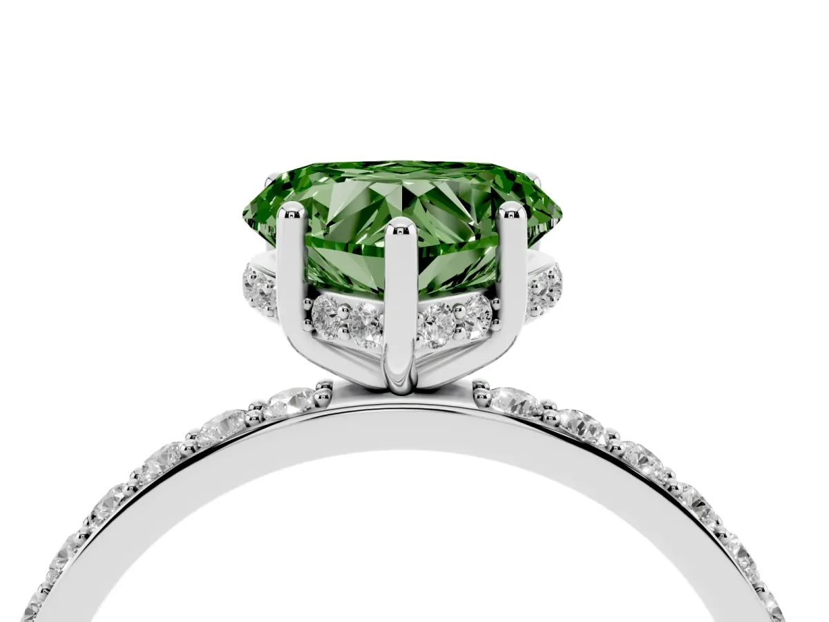 Fancy Green Heart Cut Diamond Solitaire Ring with Pavé Band and Hidden Halo Silver