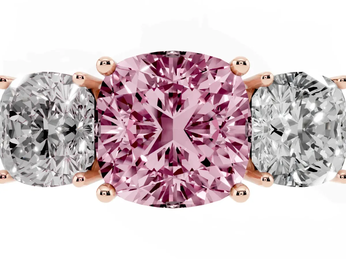 Fancy Pink Three-Stone Cushion Cut Cut Diamond Engagement Ring with Prong Setting on a White Gold Band Rose gold
