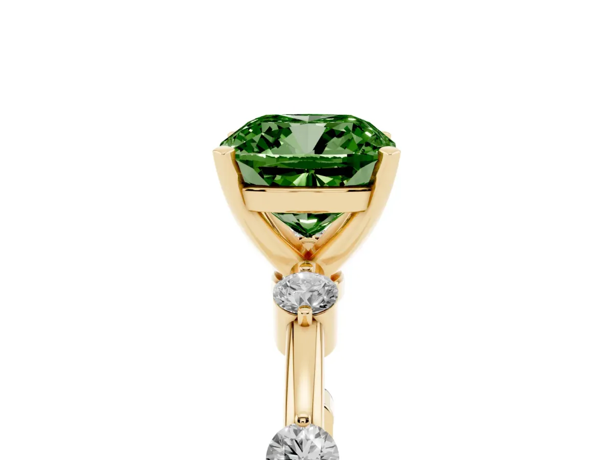 Fancy Green Cushion Cut Solitaire Diamond Ring with Bezel Set Side Stones and Prong Setting Yellow gold
