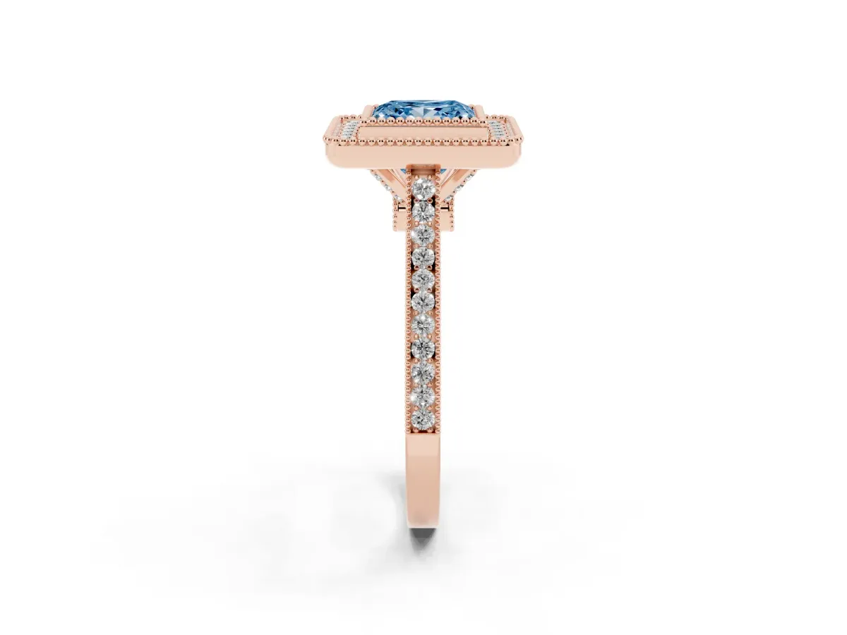 Fancy Blue Princess Cut Diamond Halo Ring with Milgrain Frame and Pavé Band Rose gold
