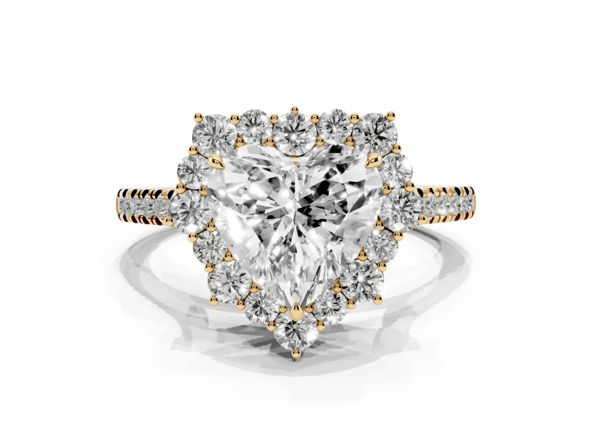 Heart Cut Halo Diamond Ring with Pavé Band and Prong Setting Yellow gold