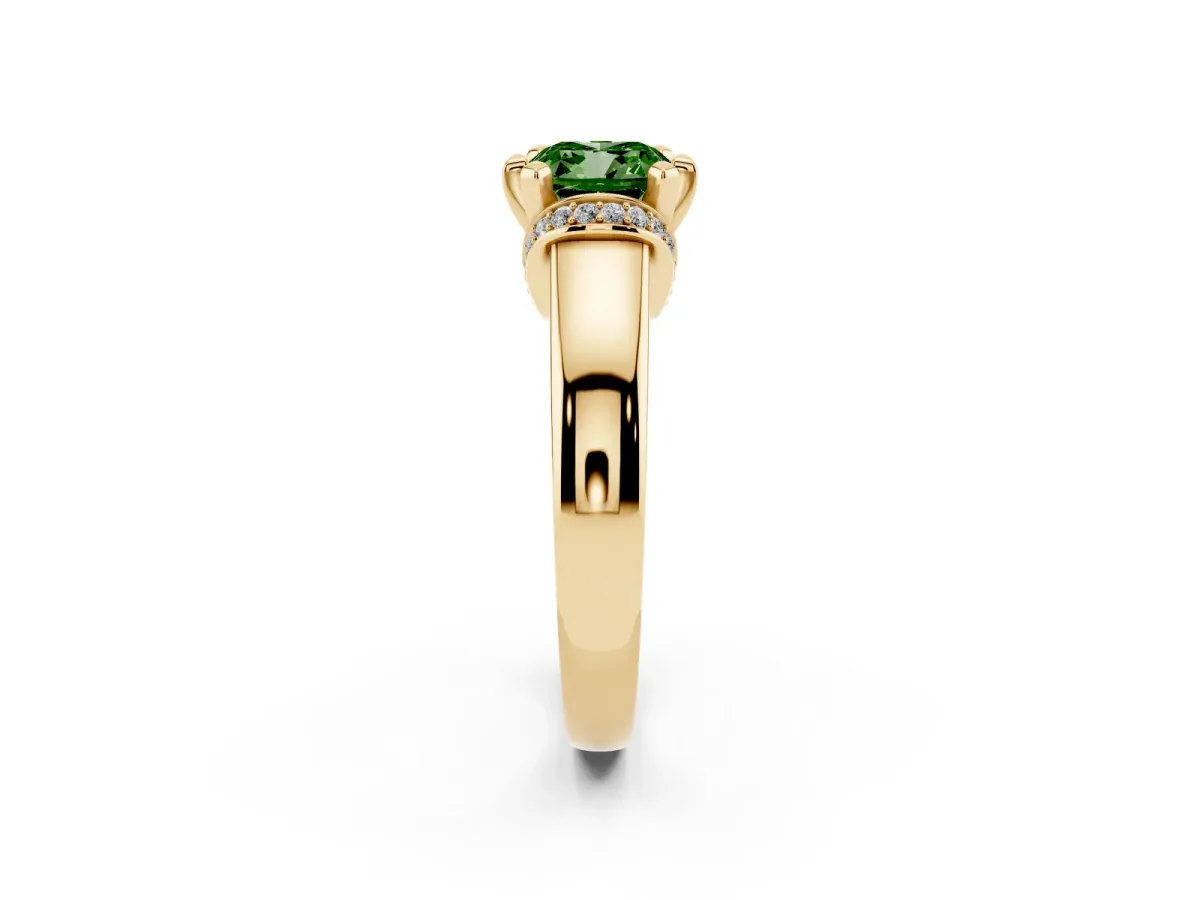 Fancy Green Cushion Cut Solitaire Diamond Ring with Pave Band and Six-Prong Setting Yellow gold