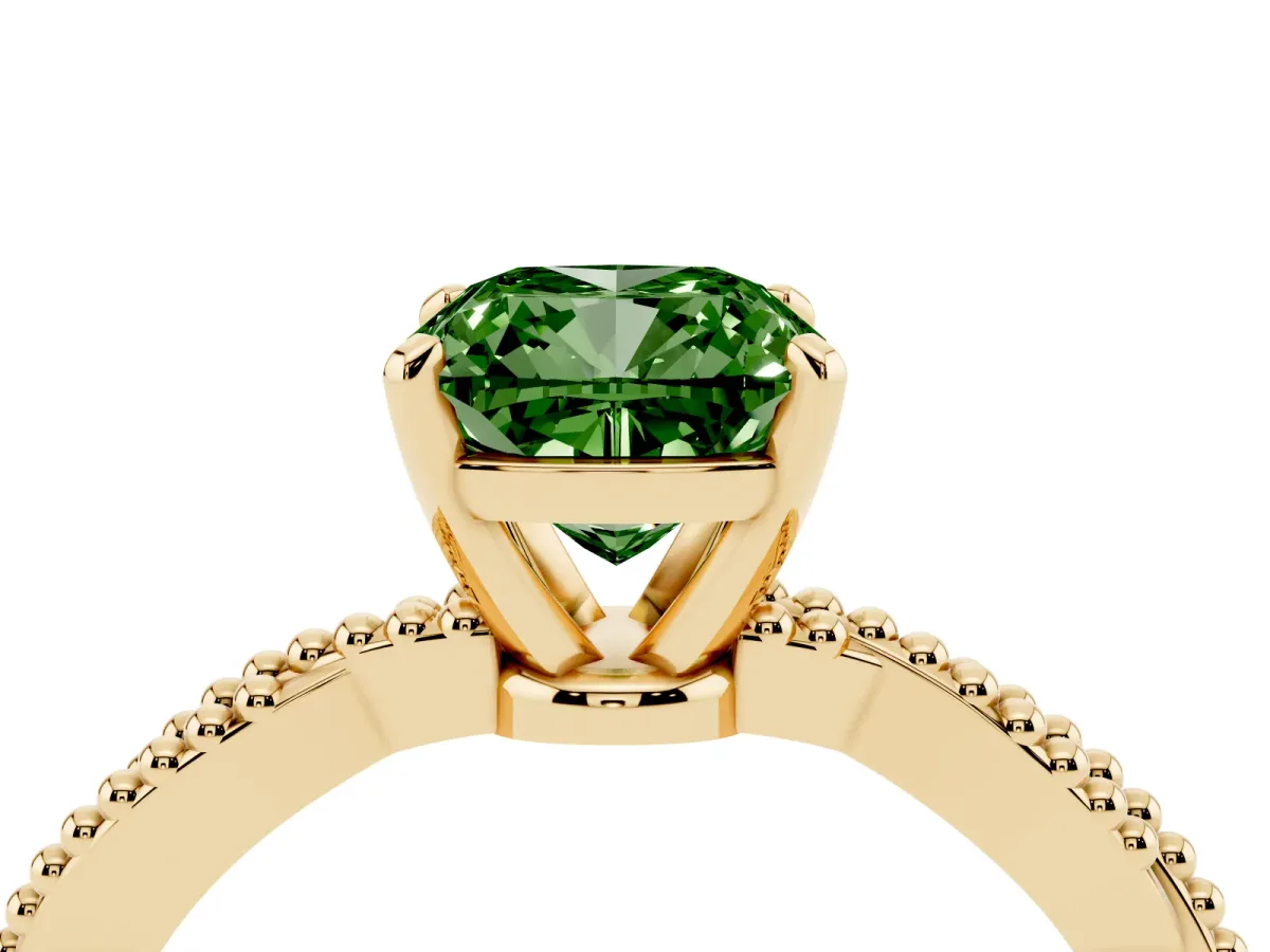 Fancy Green Cushion Cut Solitaire Twisted Band with Bead Prong Setting Yellow gold