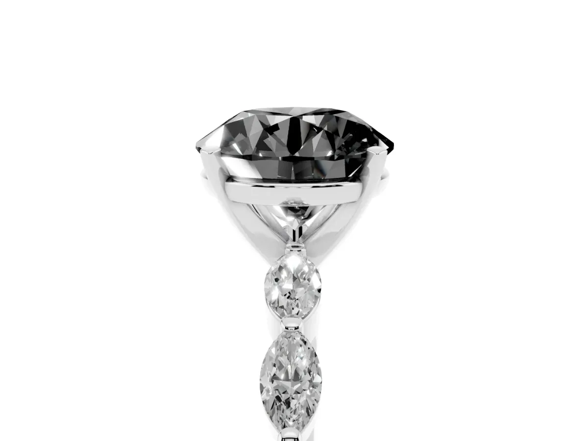 Fancy Black Round Cut Diamond Ring with Marquise Side Stones and Prong Setting Silver