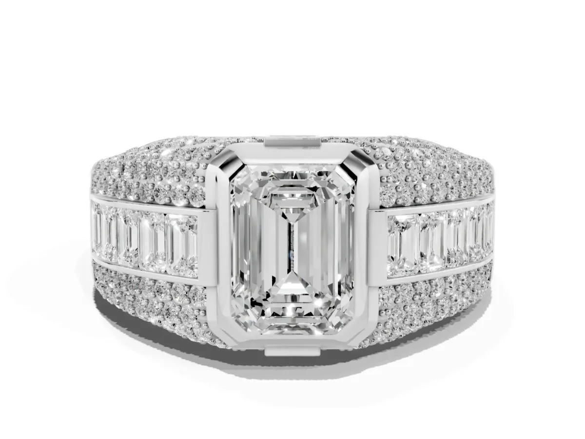 Emerald Cut Diamond Mens Ring with Side Stones Platinum