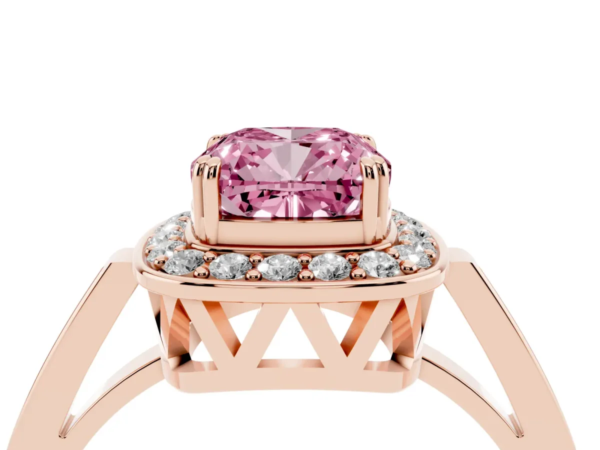Fancy Pink Cushion Cut Diamond Halo Ring with Split Shank and Four-Prong Setting Rose gold