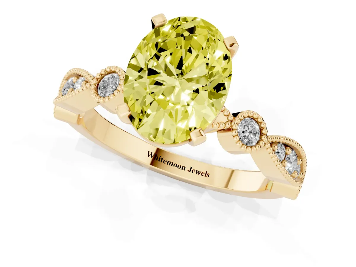 Fancy Yellow Oval Cut Milgrain Bezel Diamond Engagement Ring with Solitaire Prong Setting Yellow gold