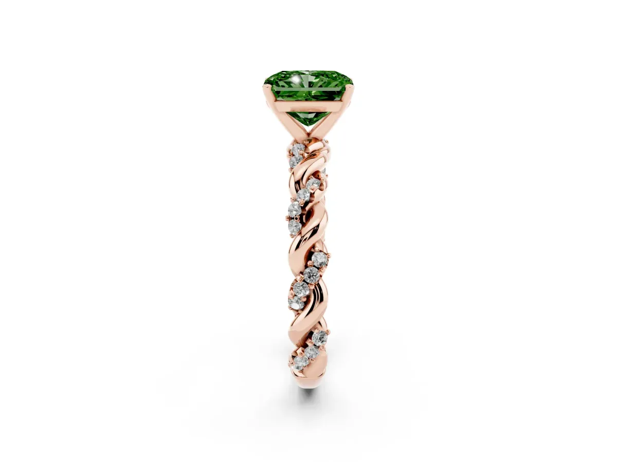 Fancy Green Radiant Cut Diamond Solitaire Ring with Twisted Band and Pavé Accents Rose gold