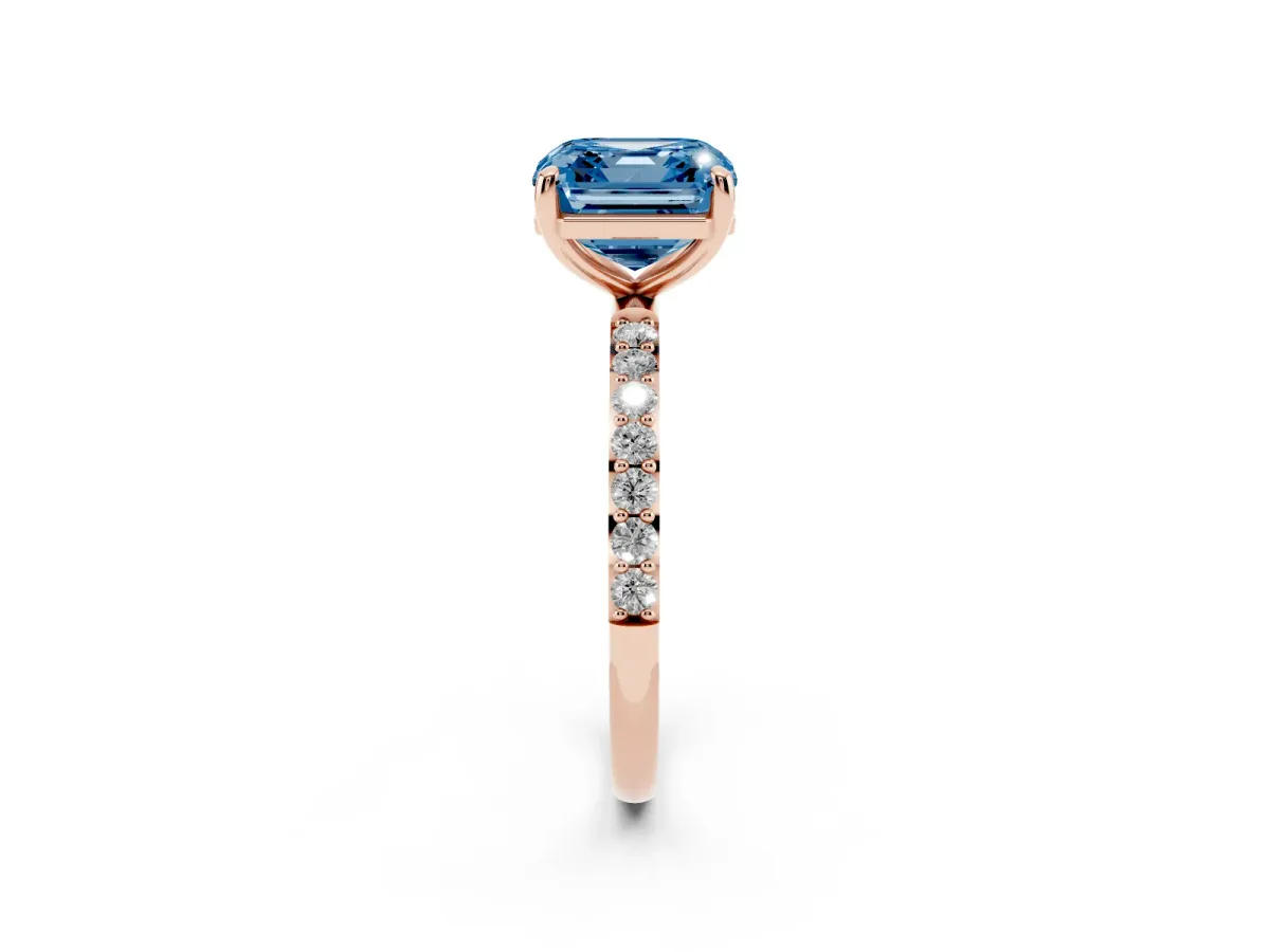 Fancy Blue Asscher Cut Diamond Solitaire Ring with Round Pavé Band and Prong Setting Rose gold