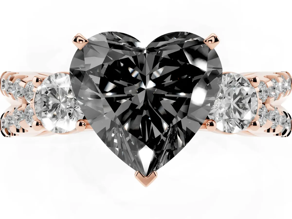 Fancy Black Heart Cut Diamond Three-Stone Ring with Pavé Split Shank and Four-Prong Setting Rose gold