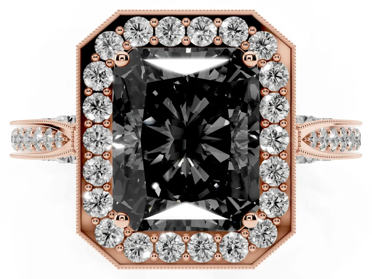 Fancy Black Radiant Cut Halo Diamond Engagement Ring with Split Shank Band and Four-Prong Setting Rose gold