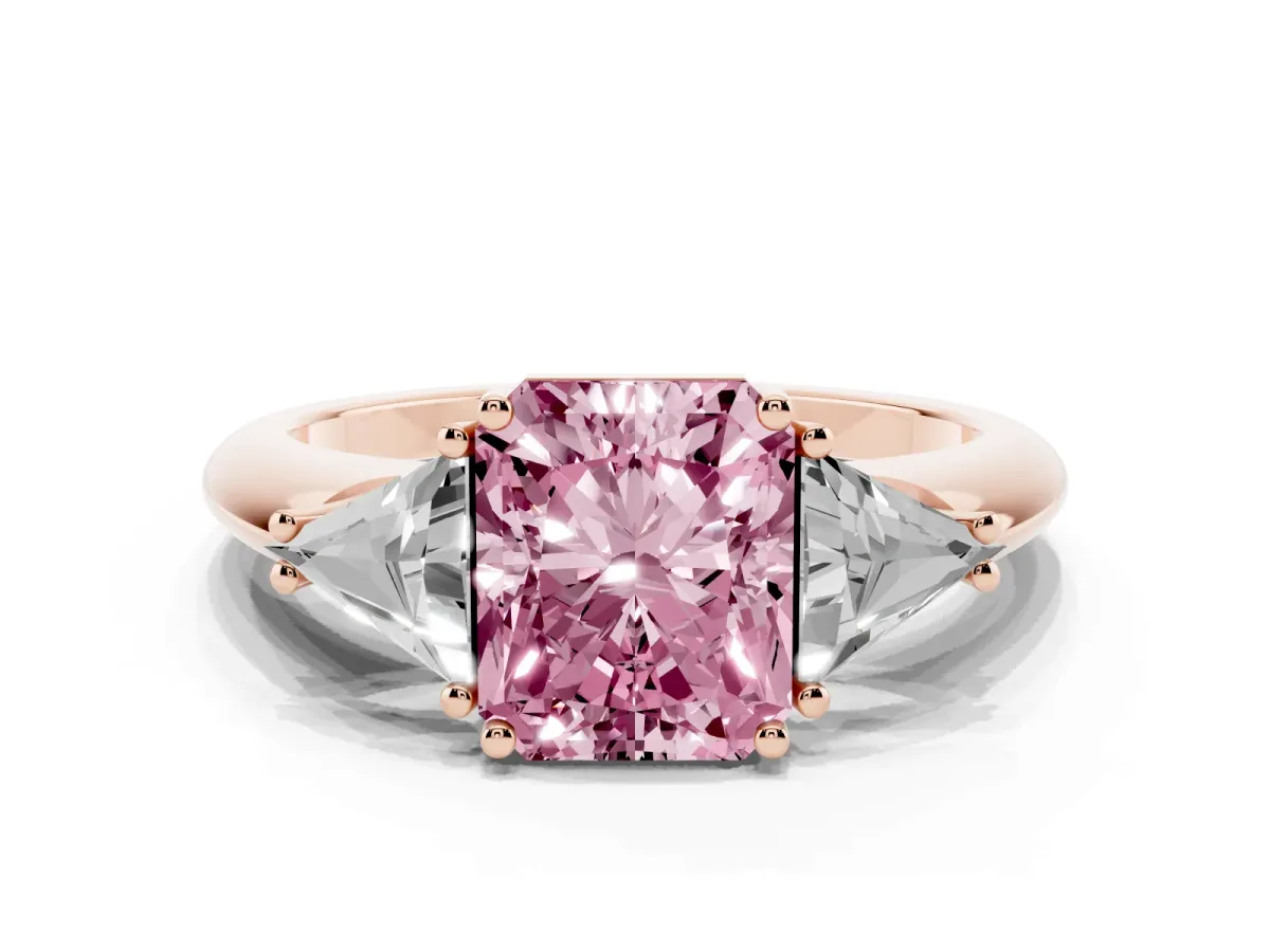 Fancy Pink Three-Stone Radiant Cut Diamond Engagement Ring with Trillion Side Stones and Prong Setting Rose gold