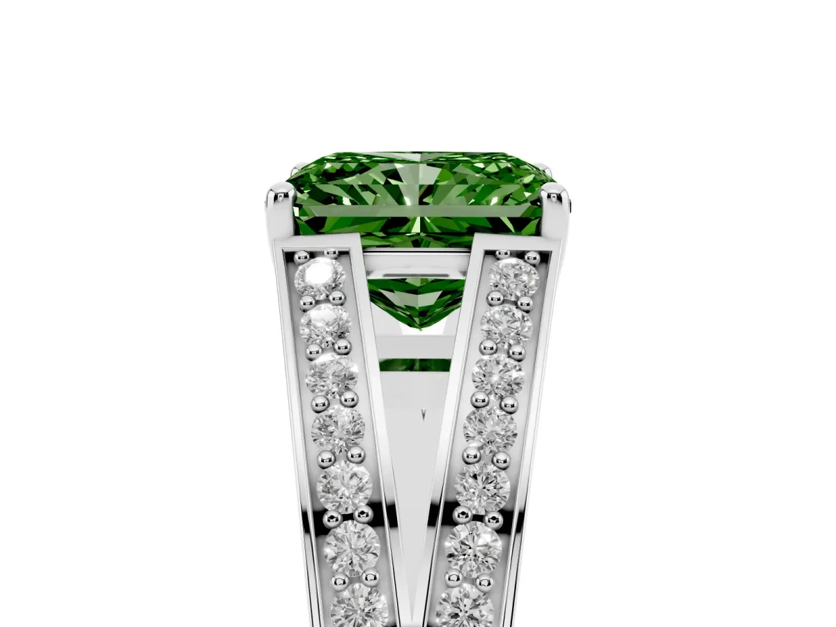 Fancy Green Radiant Cut Diamond Split Shank Ring with Pavé Band and Four-Prong Setting Platinum