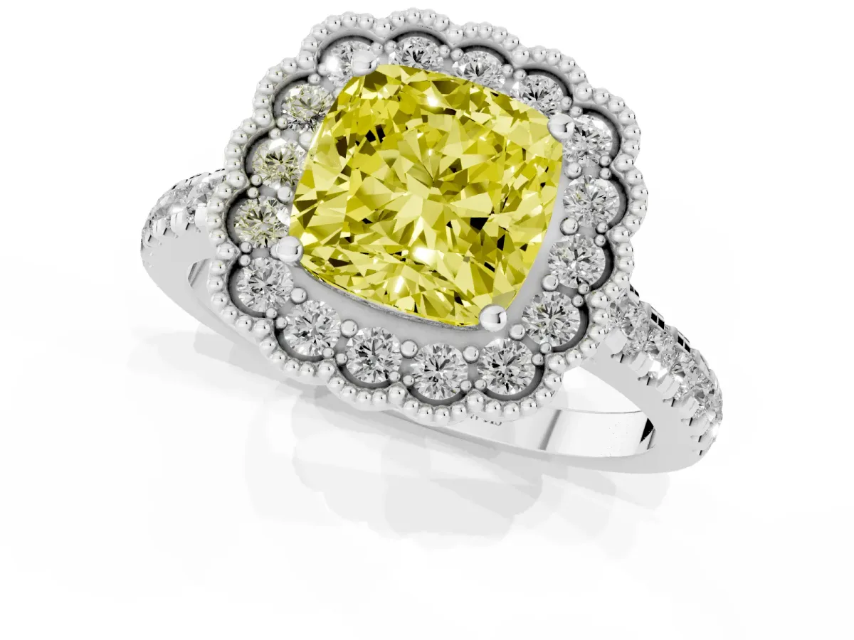 Fancy Yellow Cushion Cut Cut Diamond Milgrain Floral Halo Engagement Ring with Pavé Band White gold