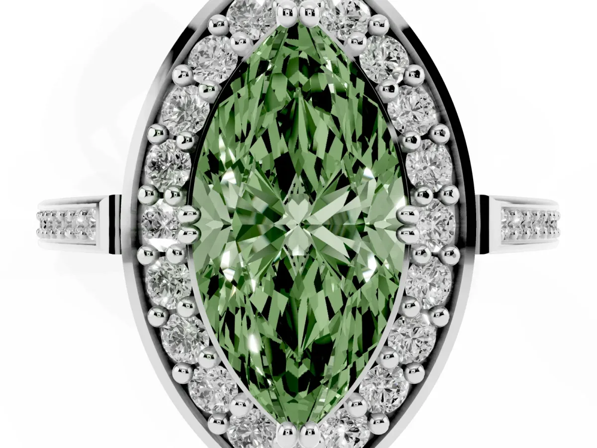 Fancy Green Marquise Cut Diamond Halo Ring with Split Shank and Four-Prong Setting Silver