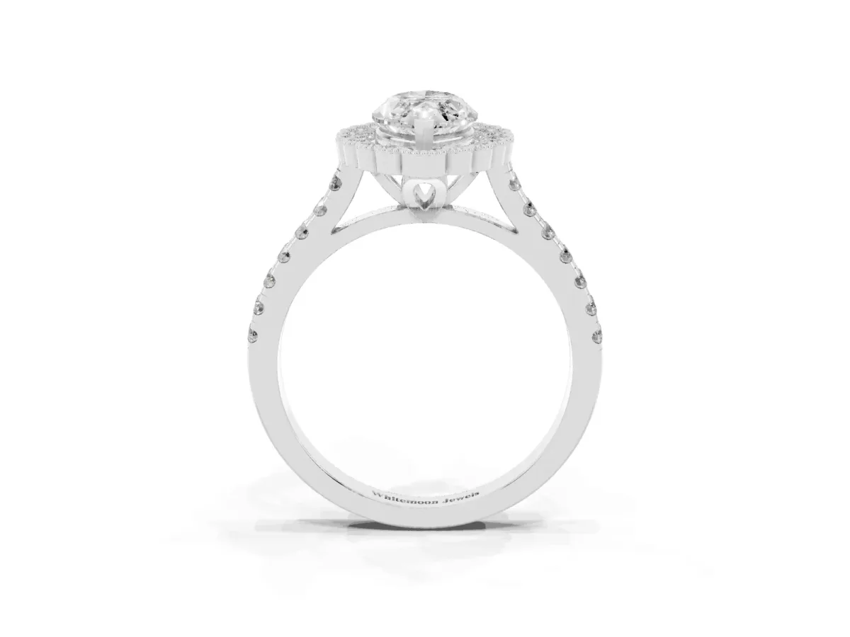 Marquise Cut Cut Diamond Milgrain Floral Halo Engagement Ring with Pavé Band Platinum