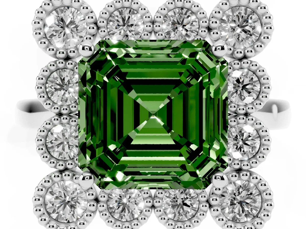 Fancy Green Asscher Cut Halo Diamond Cluster Engagement Ring with Milgrain Bezel Setting and Solitaire Band Silver