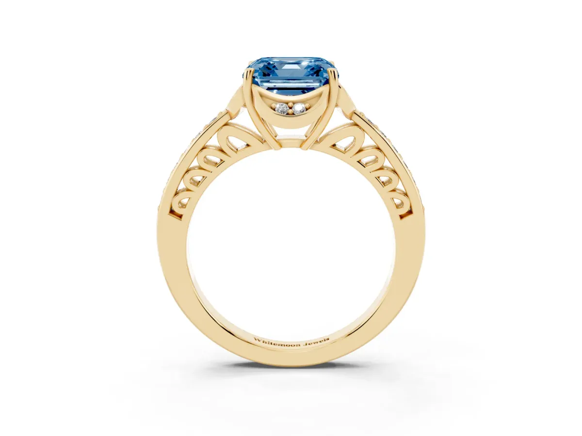 Fancy Blue Asscher Cut Cut Halo Diamond Ring with Channel Set Band and Four-Prong Setting Yellow gold