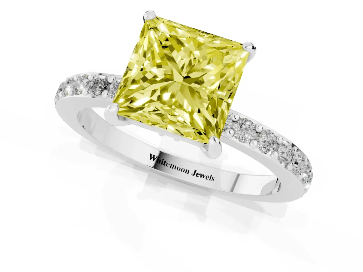 Fancy Yellow Princess Cut Diamond Pavé Engagement Ring with Round Accents and Prong Setting Silver