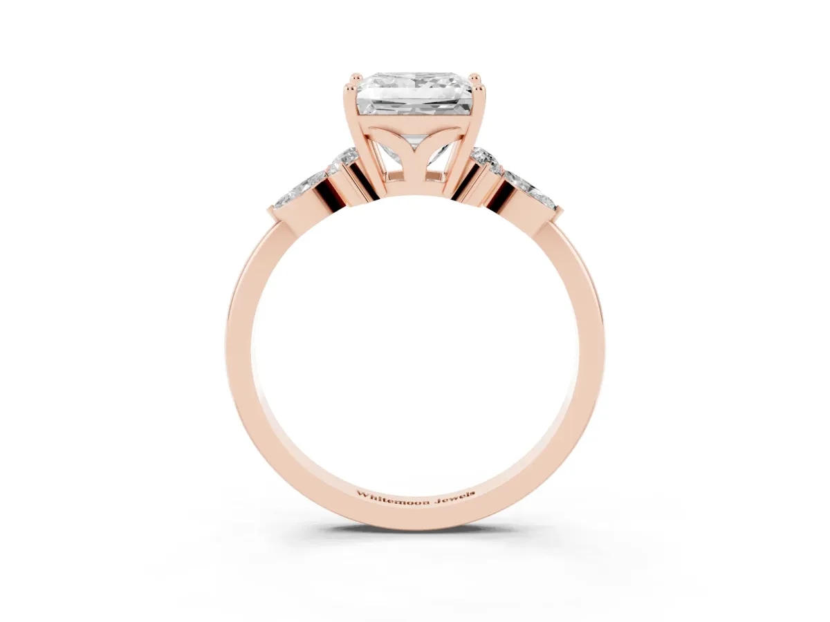 Princess Cut Brilliant Diamond Solitaire Ring with Pear Side Stones and Four-Prong Setting Rose gold