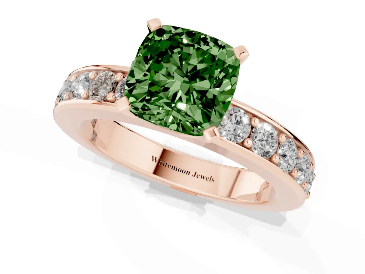 Fancy Green Cushion Cut Diamond Engagement Ring with Channel Set Round Band and Prong Setting Rose gold