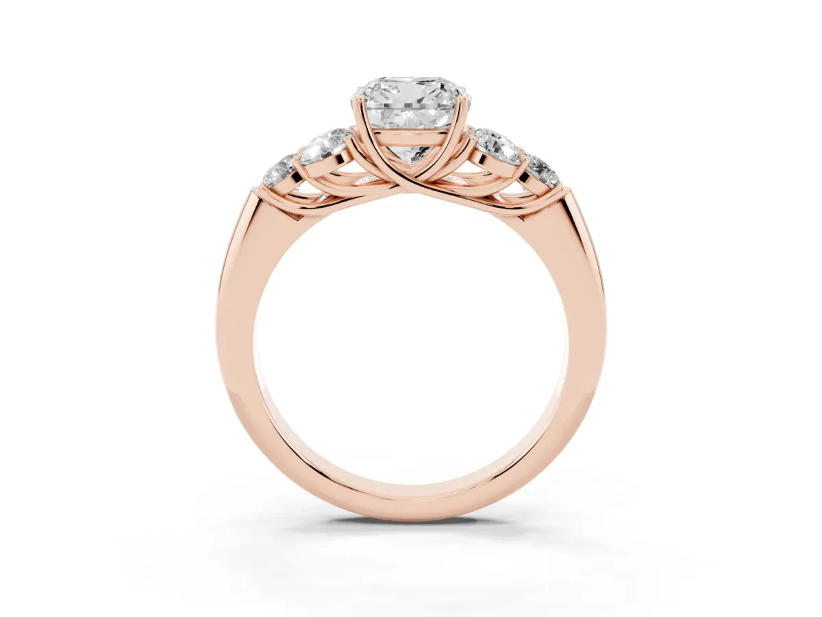 Cushion Cut Cut Diamond Cluster Ring with Round Accent Stones and Prong Setting on a Classic Band Rose gold