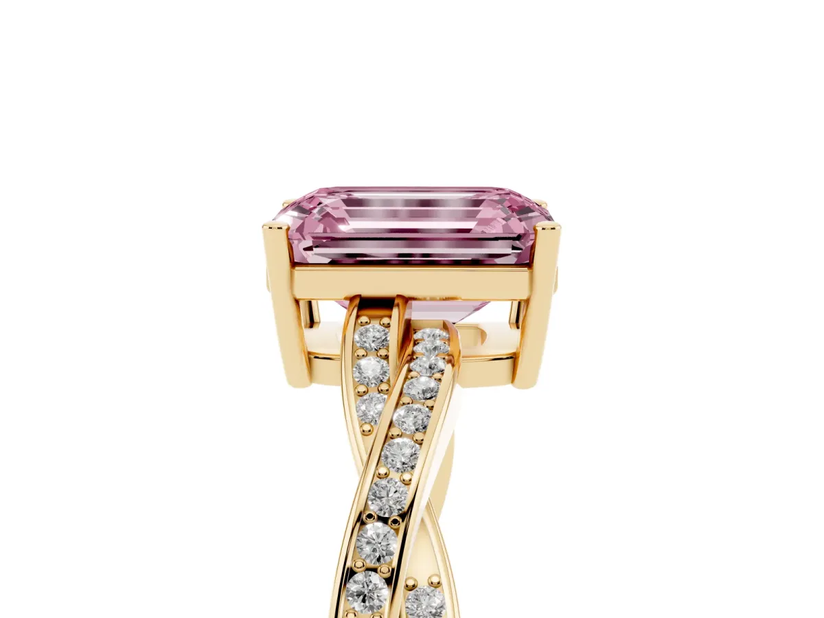 Fancy Pink Emerald Cut Solitaire Twisted Pave Diamond Ring with Four-Prong Setting Yellow gold