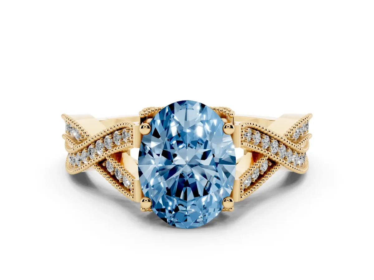 Fancy Blue Oval Cut Cut Diamond Twisted Band with Milgrain Pave Setting and Four-Prong Setting Yellow gold