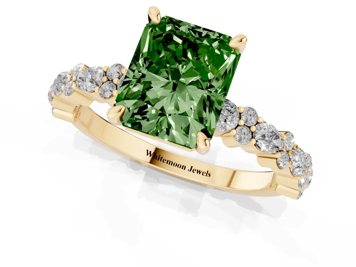 Fancy Green Radiant Cut Diamond Side Stone Solitaire Ring with Round and Four-Prong Setting Yellow gold