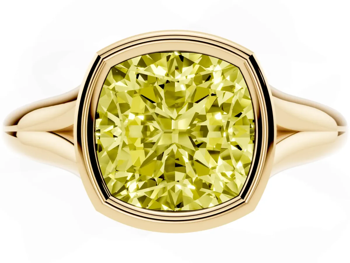 Fancy Yellow Bezel Set Cushion Cut Solitaire Diamond Ring with Smooth Band Yellow gold