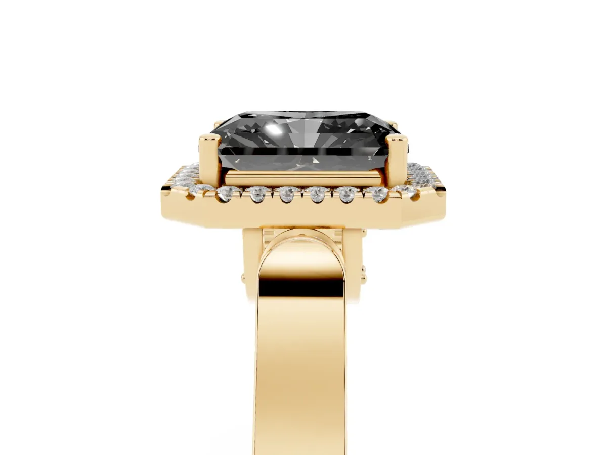 Fancy Black Radiant Cut Halo Round Diamond Twist Band with Four-Prong Setting Yellow gold