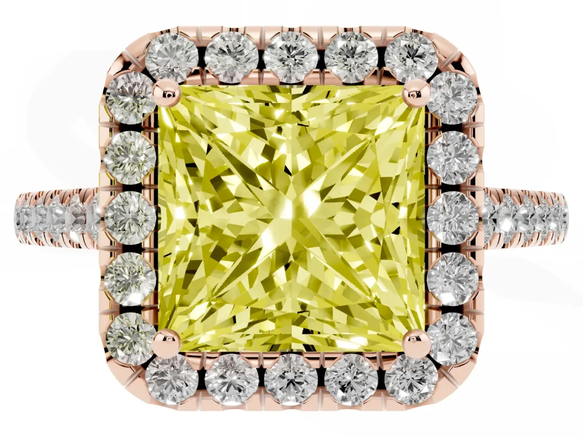 Fancy Yellow Princess Cut Halo Pavé Diamond Engagement Ring with Four-Prong Setting Rose gold