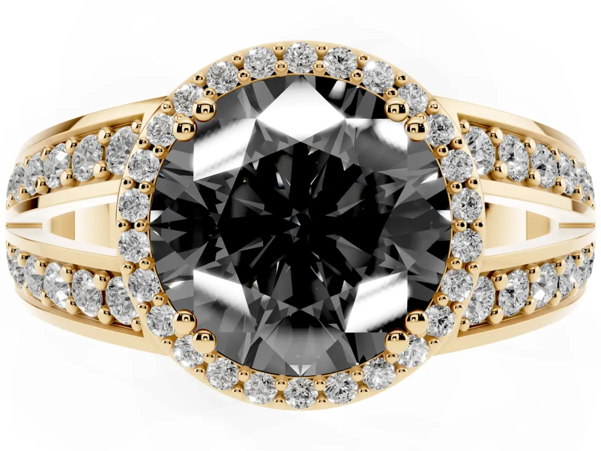 Fancy Black Round Cut Diamond Halo Ring with Split Shank Pavé Band and Four-Prong Setting Yellow gold