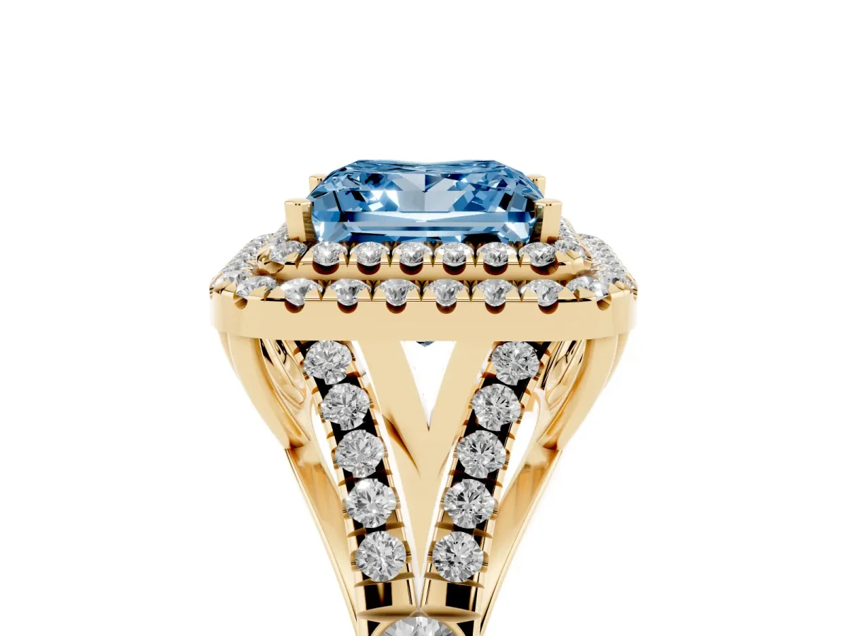 Fancy Blue Double Halo Princess Cut Diamond Split Shank Engagement Ring with Four-Prong Setting Yellow gold