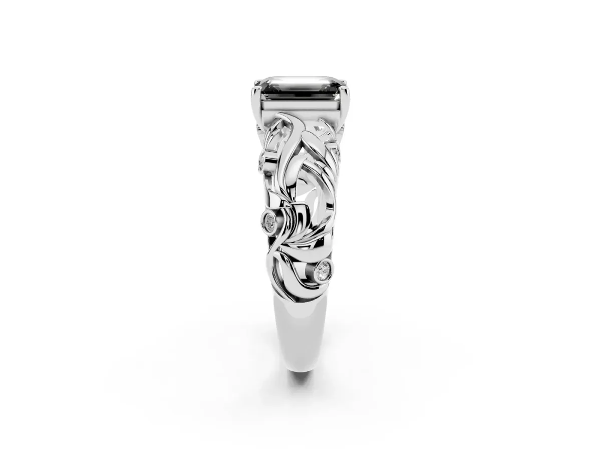 Fancy Black Emerald Cut Solitaire Diamond Leaf-Inspired Vine Band Ring with Prong Setting White gold