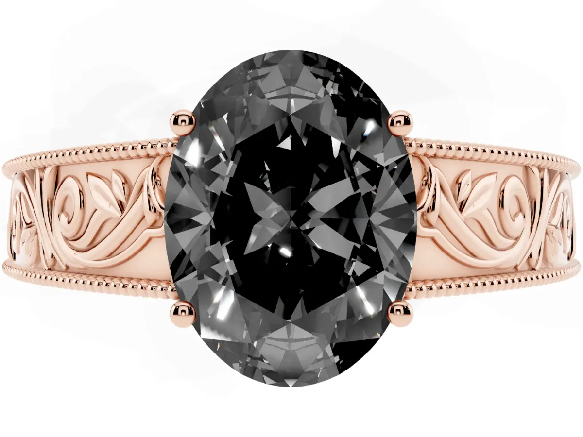 Fancy Black Oval Cut Diamond Solitaire Ring with Engraved Band and Four-Prong Setting Rose gold