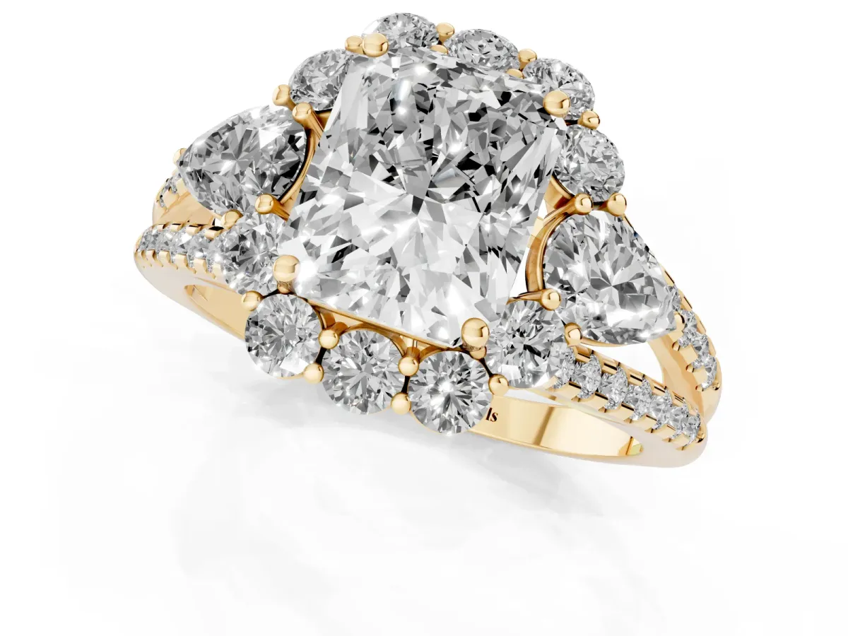 Radiant Cut Halo Split Shank Diamond Engagement Ring with Prong Setting Yellow gold