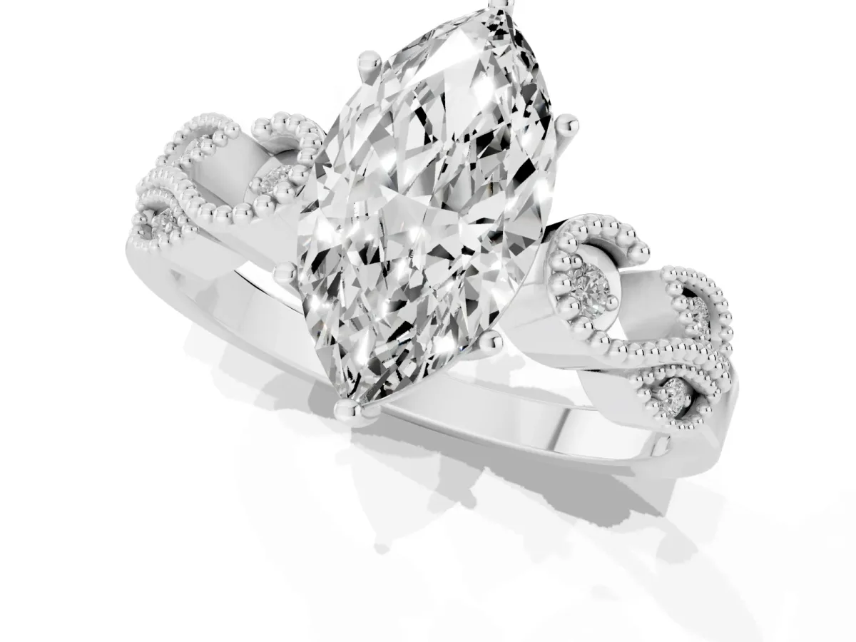 Marquise Cut Solitaire Milgrain Leaf Band with Prong Setting Silver