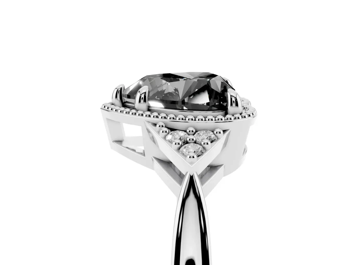 Fancy Black Hexagonal Halo Heart Cut Diamond Solitaire with Pavé Band and Four-Prong Setting Silver