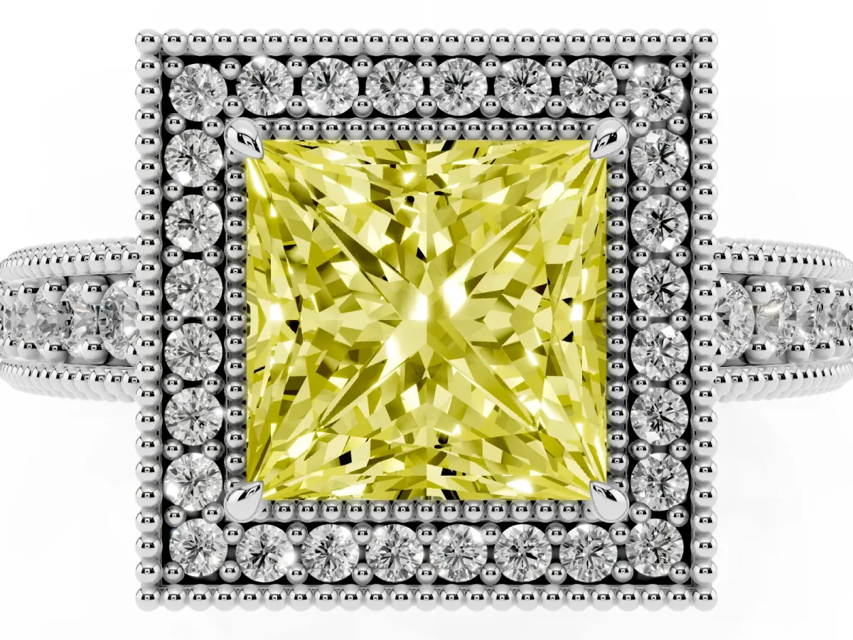 Fancy Yellow Princess Cut Cut Halo Diamond Ring with Pavé Band and Four-Prong Setting White gold